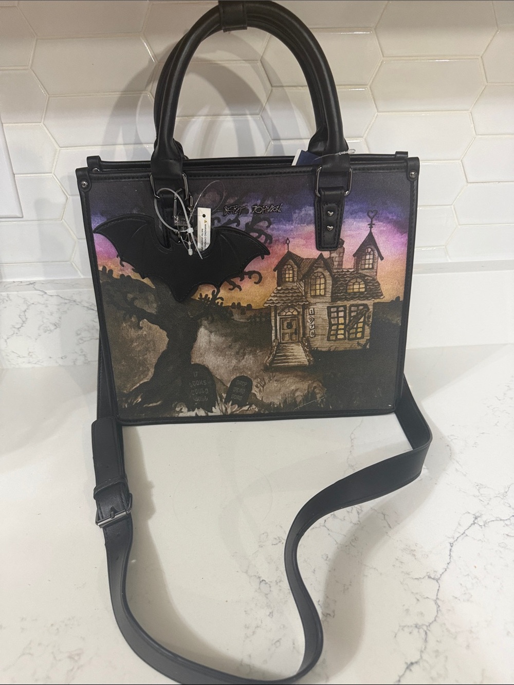Betsey Johnson Black Haunted House Satchel with Purple/Orange Gradient